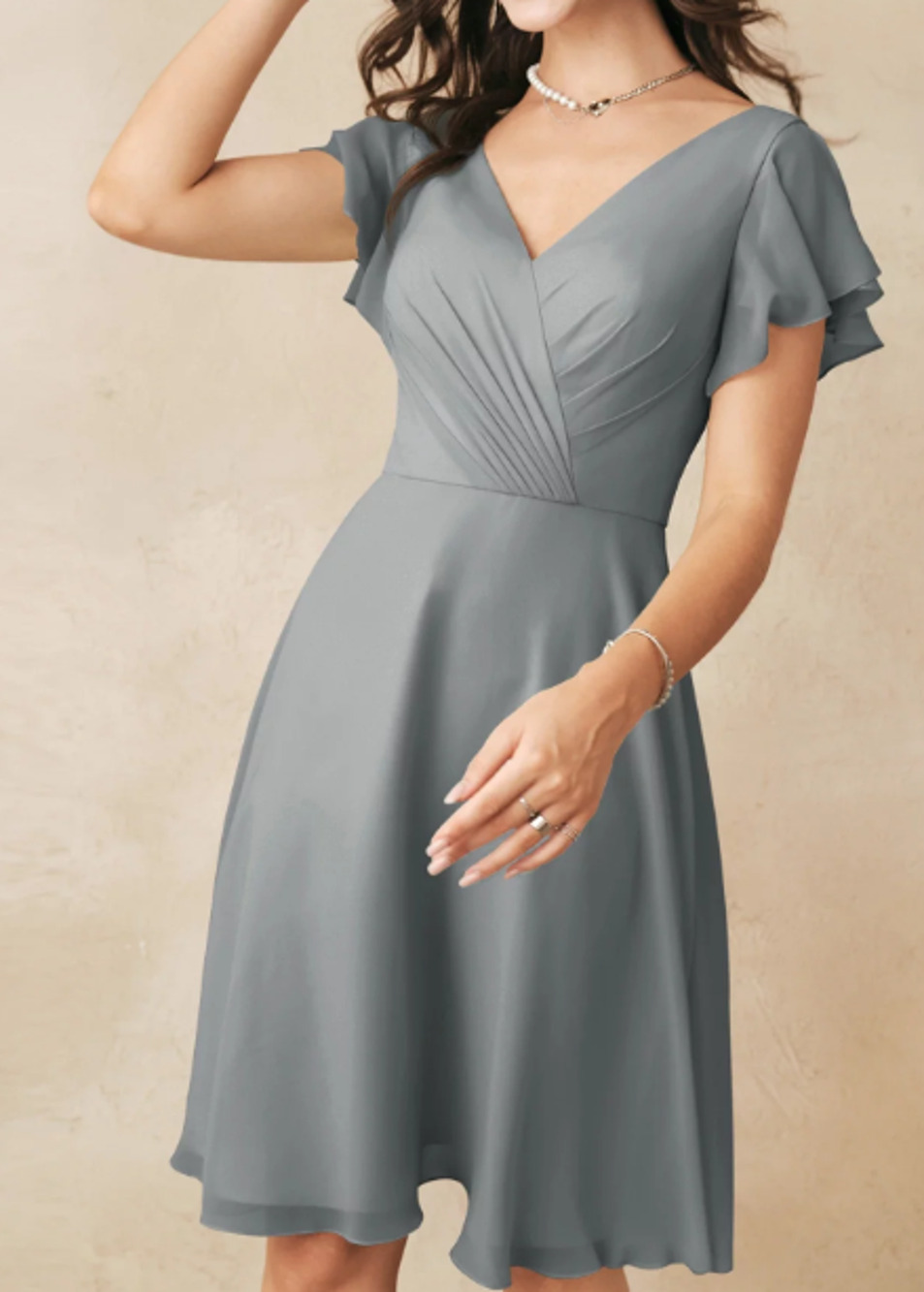 AW BRIDAL 8 M steel gray chiffon Megan bridesmaid  party knee dress NEW B22